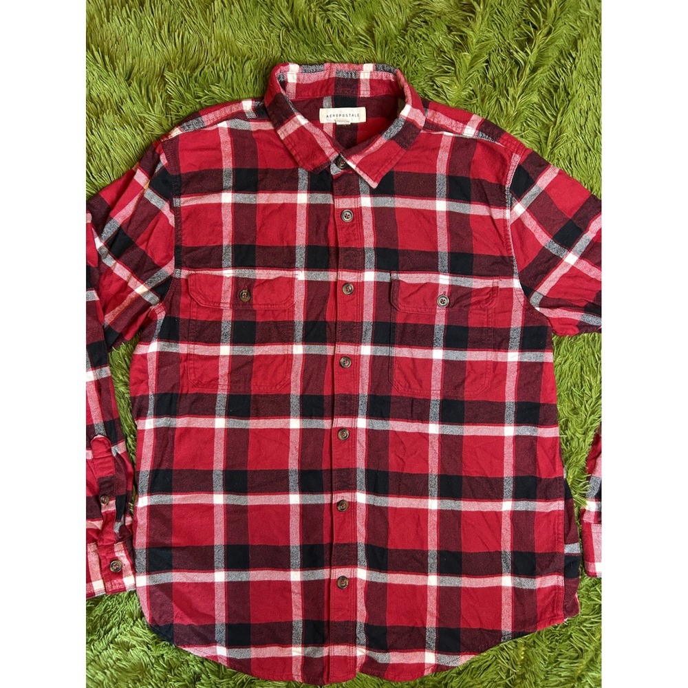 Aeropostale Shirt Men Large Red Flannel Button Up Plaid Long Sleeve Pockets